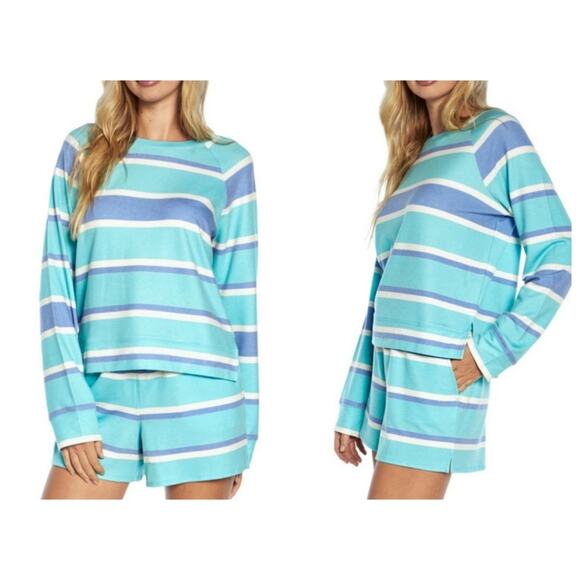 WILDFOX Blue Stripes Super Soft Sweatshirt & Short Lounge Co-Ord Sets - Picture 1 of 5
